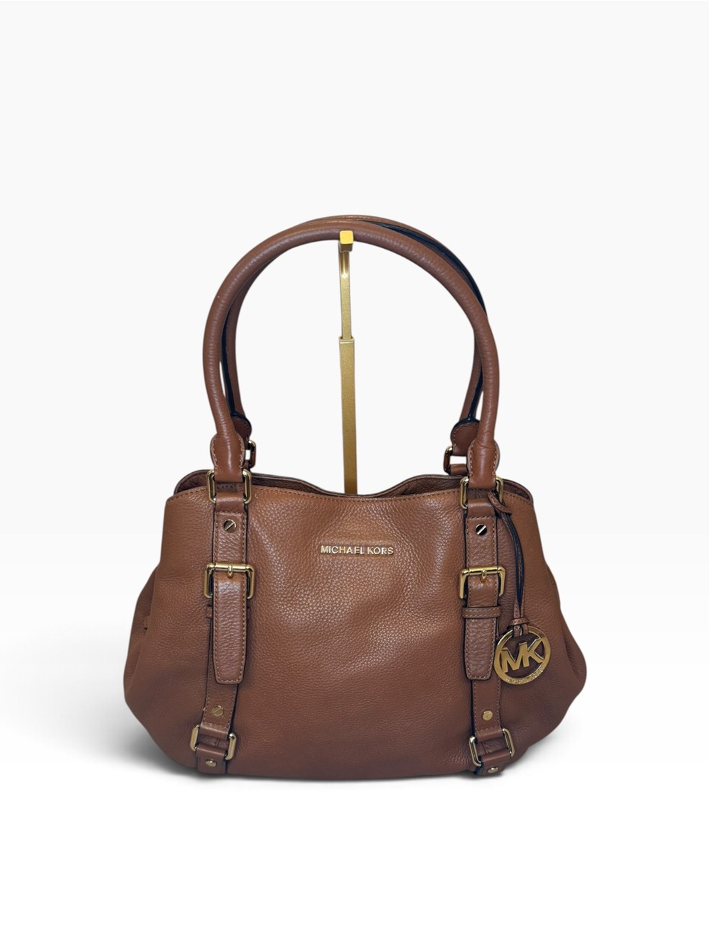 Michael Kors Bedford Brown Pebbled Leather Belted Satchel Handbag